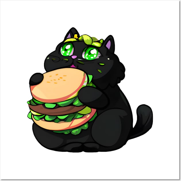 Black Fat cat eating burger Wall Art by Meowsiful